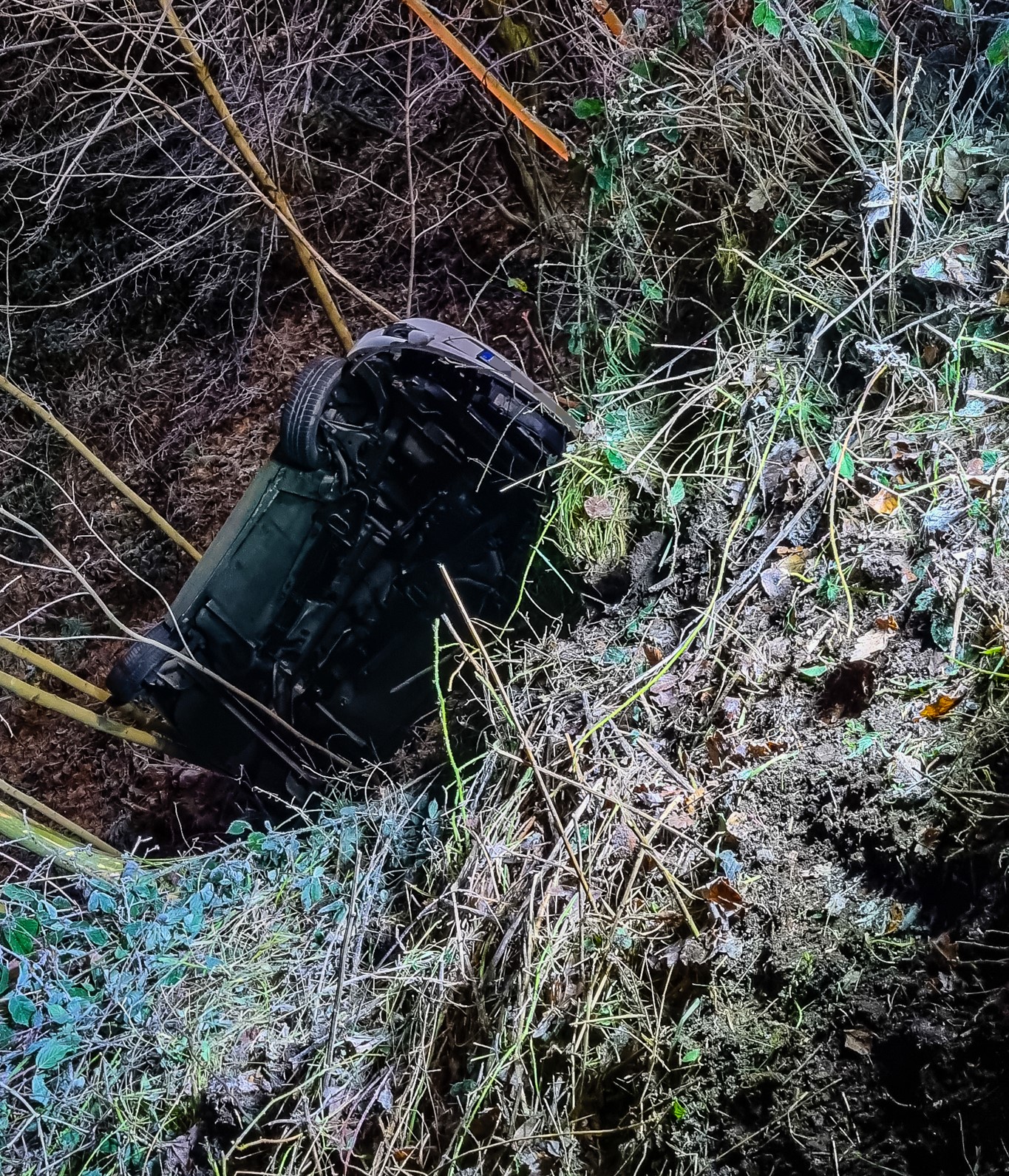 Pkw stürzt im dunklen Wald 4 Meter tiefen Abhang hinab – Fahrerin im Auto gefangen