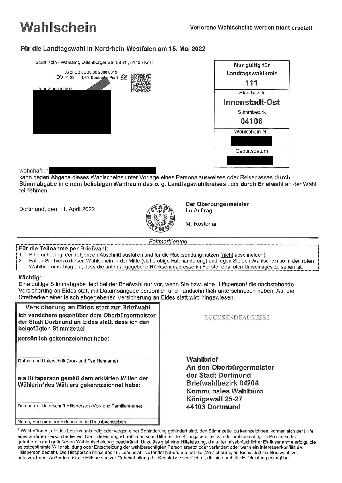 Dortmunder mit „Wahlamt Köln“: Fehldruck auf Briefwahlunterlagen „bitte ignorieren!“