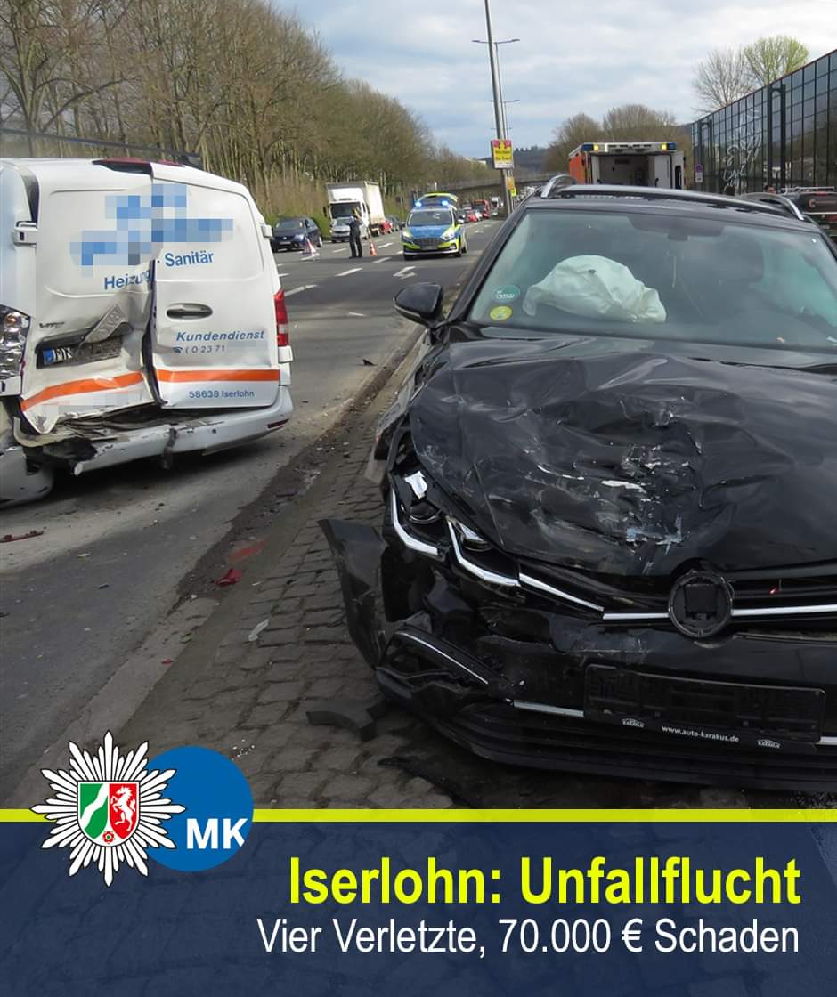 Unfallflucht mit 4 Verletzten und 70.000 € Schaden auf der Seilerseestraße in Iserlohn